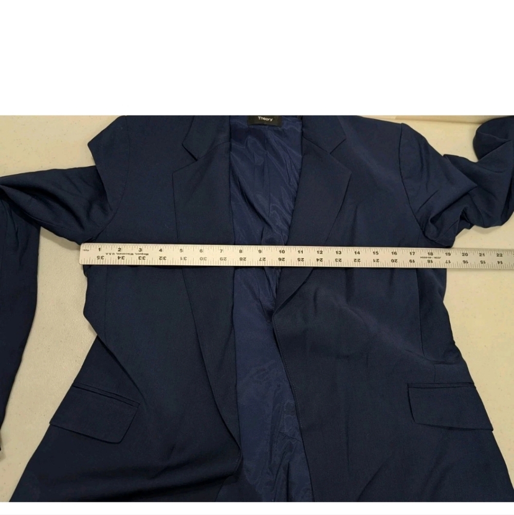 Theory Sepia Long Sleeve Open Front Blazer Navy Blue 4 Virgin Wool Bl Sustainabl - Picture 13 of 14